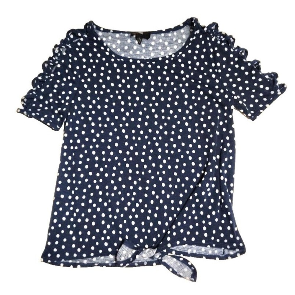 IZ Byer Navy Blue & White Polka Dot Top M Open Crisscross Sleeves Tie Bottom 36